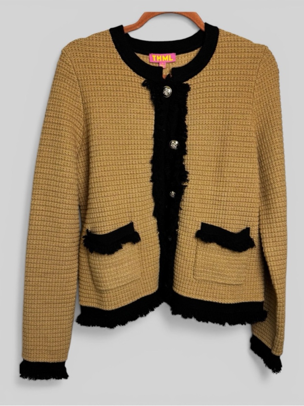 THML stunning viscose blend preppy old money cardigan small with fringe neutral